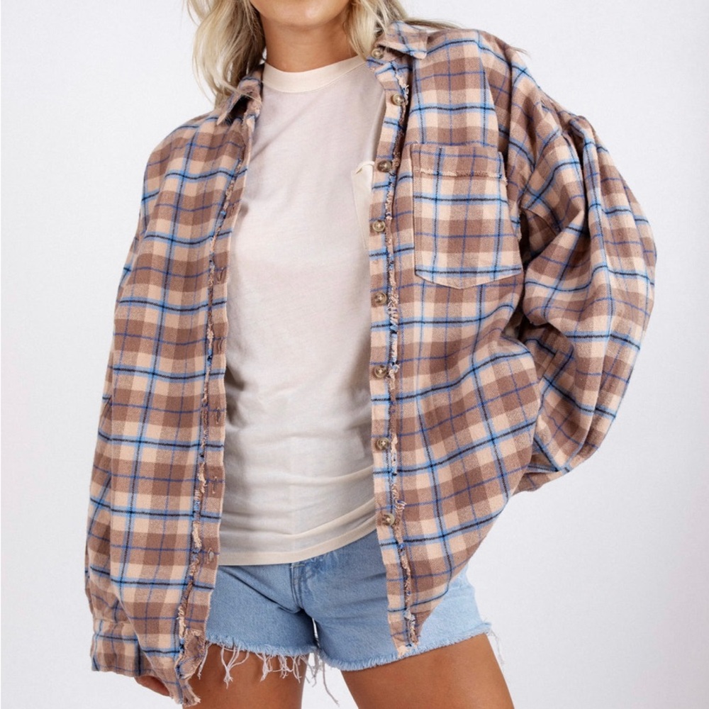 Free People Happy Hour Plaid Shirt Tan in Medium
